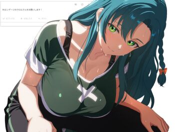 1girl ahonoko aqua_hair braid breasts chloe_(fire_emblem) cleavage fire_emblem fire_emblem_engage green_eyes green_shirt hands_on_own_knees large_breasts leaning_forward looking_at_viewer nintendo off-shoulder_shirt off_shoulder pants parted_bangs request_inset shirt single_braid sitting smile solo sports_bra sportswear sweat sweatpants white_background