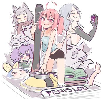 Rule 34 | absurdres, ahoge, animal ears, blue hair, borrowed character, cat ears, despicable me, dolphin shorts, closed eyes, grey hair, grin, happy (eds), heart, highres, meme, minion (despicable me), original, pepe the frog, pink eyes, pink hair, purple hair, shorts, smile, strap slip, stylus, tahou, twintails, wacom