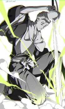 1boy aged_down bleach chromatic_aberration commentary greyscale hakama holding holding_sword holding_weapon japanese_clothes lido_an0 male_focus monochrome on_one_knee planted planted_sword planted_weapon sandals sasakibe_choujirou serious shihakusho socks solo spot_color sword symbol-only_commentary twitter_username weapon