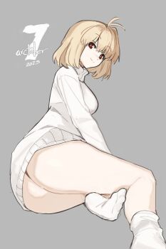 1girl absurdres ahoge antenna_hair arcueid_brunestud ass bare_legs blonde_hair breasts english_text hair_between_eyes happy highres huge_ass jonyeld looking_at_viewer looking_back on_floor panties presenting presenting_ass red_eyes sideboob smile socks sweater thighs tsukihime turtleneck turtleneck_sweater underwear white_socks white_sweater