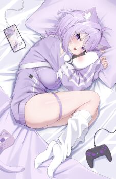 1girl :d absurdres ahoge ai_(u_e_o_o) animal_ears breasts cat_ears cat_girl cat_tail cellphone commentary_request controller curled_up game_controller hair_intakes head_on_pillow highres hololive jacket kneehighs large_breasts looking_at_viewer loose_socks lying nekomata_okayu nekomata_okayu_(membership) no_pants no_shoes official_alternate_costume official_alternate_hairstyle on_side open_mouth phone pillow purple_eyes purple_hair purple_jacket short_hair smartphone smile socks solo tail thigh_strap two_side_up virtual_youtuber white_socks