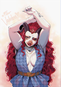 1girl absurdres animal_ears armpits arms_up belt black_sclera blackberreh-art breasts cleavage colored_sclera colored_skin commission fingernails heterochromia highres horns jewelry multicolored_skin necklace original red_eyes red_hair shirt sleeveless sleeveless_shirt solo tiara two-tone_skin wavy_hair white_skin