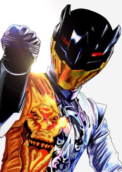 Rule 34 | 1boy, 4ze meteor, absurdres, black bodysuit, black helmet, bodysuit, clenched hand, commentary request, doubutsu sentai zyuohger, helmet, highres, male focus, simple background, solo, super sentai, the world (doubutsu sentai zyuohger), tokusatsu, upper body, white background, white bodysuit, yellow bodysuit