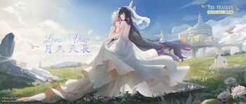 2girls alternate_costume backless_dress backless_outfit bare_shoulders barefoot bird black_hair bridal_veil brown_hair closed_eyes closed_mouth cloud cloudy_sky columbina_(genshin_impact) commentary_request dress eye_mask floating_hair flower genshin_impact highres long_hair mask multicolored_hair multiple_girls outdoors purple_hair sandrone_(genshin_impact) sky smile standing strapless strapless_dress two-tone_hair veil very_long_hair wboss wedding_dress white_dress white_flower yuri