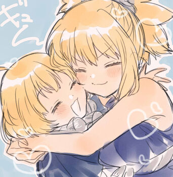 2girls blonde_hair blue_background blush brother_and_sister closed_eyes closed_mouth dr._stone happy heart hug kohaku_(dr._stone) multiple_girls open_mouth ponytail short_hair siblings sleeveless smile spiked_hair suika_(dr.stone) tomo_(sjim)