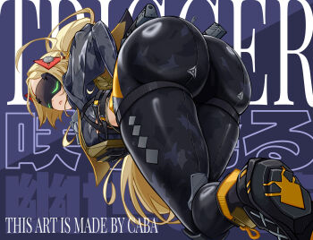 1girl ass black_pants black_shrug blindfold_mask blonde_hair blue_background camouflage camouflage_jacket camouflage_pants carlos_cabs character_name covered_eyes from_behind glowing_mask gun hair_ornament handgun highres jacket latex_pants mask pants ponytail shrug_(clothing) solo teeth thigh_strap thighs tight_clothes tight_pants triangle_hair_ornament trigger_(zenless_zone_zero) vest weapon zenless_zone_zero zipper_pull_tab