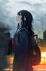 Rule 34 | 1girl, absurdres, backpack, bag, black hair, black serafuku, building, closed mouth, cloud, commentary request, crying, crying with eyes open, dress, from side, highres, miniskirt, original, overcast, pleated dress, rain, school uniform, serafuku, siokazunoko, skirt, sky, solo, tears
