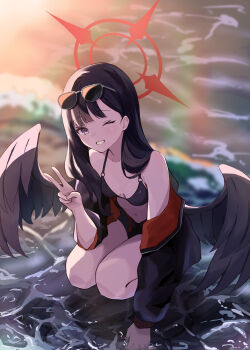 1girl ;d absurdres backlighting bikini black_bikini black_jacket black_wings blue_archive blunt_bangs breasts commentary day eyelashes eyewear_on_head feathered_wings full_body grey_eyes grin hair_behind_ear hair_over_shoulder halo hand_up happy highres ichika_(blue_archive) ichika_(swimsuit)_(blue_archive) jacket jacket_partially_removed kuronagasu_ir leaning_forward lens_flare long_hair long_sleeves looking_at_viewer low_wings navel o-ring o-ring_bikini o-ring_top ocean official_alternate_costume one_eye_closed open_clothes open_jacket open_mouth outdoors red_halo small_breasts smile solo squatting straight_hair sunglasses sunlight swimsuit unusually_open_eyes v water wings