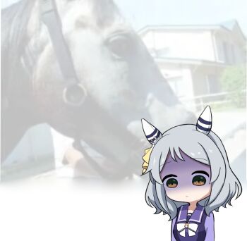 1girl animal_ears brown_eyes commentary creature_and_personification ear_covers ear_ornament gloom_(expression) grey_hair hishi_miracle_(racehorse) hishi_miracle_(umamusume) horse_ears horse_girl long_sleeves looking_down medium_hair personification photo_inset purple_sailor_collar purple_serafuku purple_shirt real_life reference_inset sailor_collar sailor_shirt school_uniform screenshot_inset serafuku shein shirt tracen_school_uniform umamusume