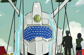 1boy 1girl black_hair blue_hair challia_bull cloud commentary comoli_harcourt crossover densetsu_kyojin_ideon gundam gundam_gquuuuuux ideon is_this_the_rose_of_sharon?_(meme) mecha military_uniform nishi_koutarou robot scene_reference science_fiction short_hair skirt sky water