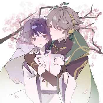 2boys age_difference alhaitham_(genshin_impact) antenna_hair artist_request blush cherry_blossoms chinese_commentary collared_jacket falling_petals genshin_impact green_eyes grey_hair hair_between_eyes head_tilt headpiece height_difference hug hug_from_side incoming_kiss jacket japanese_clothes jewelry leaning_to_the_side long_sleeves looking_to_the_side multicolored_hair multiple_boys necklace official_alternate_costume open_mouth outdoors petals pink_petals puffy_sleeves purple_eyes scaramouche_(genshin_impact) scaramouche_(kabukimono)_(genshin_impact) second-party_source see-through_clothes see-through_veil short_hair single_arm_hug tree veil white_background wide_sleeves yaoi