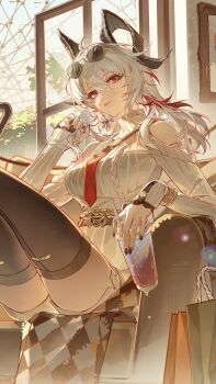 1girl absurdres ahoge black_horns black_nails black_thighhighs chinese_commentary closed_mouth clothing_cutout commentary_request cup curled_horns disposable_cup dress earrings eyewear_on_head fingernails grey_dress grey_hair hair_between_eyes highres holding holding_cup horns indoors jewelry long_hair mole mole_under_eye multicolored_hair nail_polish necktie red_eyes red_necktie sanyue_qiushi shoulder_cutout sitting solo streaked_hair sunglasses sweater sweater_dress thighhighs thighs wuthering_waves zani_(downtown_repose)_(wuthering_waves) zani_(wuthering_waves)