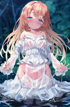 1girl blonde_hair blue_eyes blurry blurry_background blush breasts commission detached_sleeves dress groin highres holding holding_string lace lace-trimmed_dress lace_trim long_hair looking_at_viewer medium_breasts night nyahu_(nyahu_77) original seductive_smile skeb_commission smile solo standing string water water_drop wet wet_clothes wet_dress white_dress