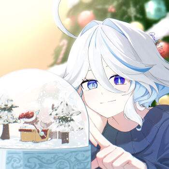 1girl absurdres ahoge blue_eyes blue_streaks christmas_tree commentary_request drop-shaped_pupils furina_(genshin_impact) genshin_impact hair_between_eyes hand_on_own_face head_rest heterochromia highres light_smile looking_ahead melusine_(genshin_impact) owl_5151 poking snow_globe solo sweater symbol-shaped_pupils twitter_username white_hair