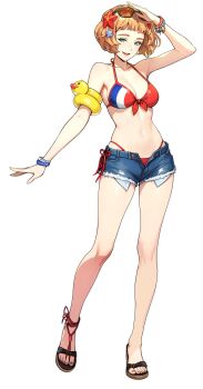 1girl absurdres armband bikini blue_shorts bracelet breasts brown_hair denim denim_shorts emma_laurent eyewear_on_head flag_print flag_print_bikini french_flag_bikini full_body green_eyes highres jewelry looking_at_viewer medium_breasts navel official_alternate_costume official_art print_bikini rubber_duck sandals shirt short_hair short_shorts shorts simple_background solo solo_leveling solo_leveling:_arise sunglasses swimsuit white_background