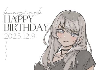Rule 34 | 1girl, character name, commentary, dated, fang, girls band cry, grey eyes, grey hair, grey shirt, happy birthday, hashtag-only commentary, highres, kawaragi momoka, long hair, looking at viewer, multicolored hair, open mouth, roots (hair), shirt, short sleeves, simple background, solo, upper body, white background, yee299927