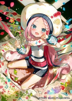 1girl arm_up belt black_shoes blue_eyes colored_eyelashes copyright_notice fang highres holding holding_pen long_hair looking_at_viewer official_art open_mouth pen pink_hair quill red_belt shirt shoes skin_fang smile solo very_long_hair virus_(obsession) white_shirt wixoss