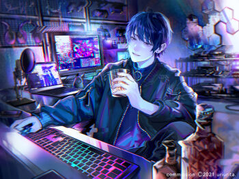 1boy alcohol blue_eyes blue_hair boom_microphone bottle commentary_request commission computer computer_keyboard copyright_notice cup dark_blue_hair ear_piercing earrings eyelashes glitch hair_between_eyes half-closed_eyes headphones holding holding_cup holographic_keyboard indoors jacket jewelry knee_up laptop looking_at_screen looking_at_viewer male_focus microphone monitor neon_lights open_clothes open_jacket original pale_skin parted_lips phone piercing ponponpananda short_hair sitting smile solo static stud_earrings studio unworn_headphones upper_body whiskey