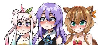 3girls airani_iofifteen airani_iofifteen_(1st_costume) animal_ears area_15 ayunda_risu ayunda_risu_(1st_costume) black_choker blush brown_hair choker commentary embarrassed english_commentary green_eyes hair_bun hair_ornament highres hololive hololive_indonesia leaf_hair_ornament long_hair low_twintails moona_hoshinova moona_hoshinova_(1st_costume) multiple_girls nervous_sweating palette_hair_ornament pandoo pink_hair purple_eyes purple_hair side_ponytail smile squirrel_ears sweat twintails virtual_youtuber wavy_mouth