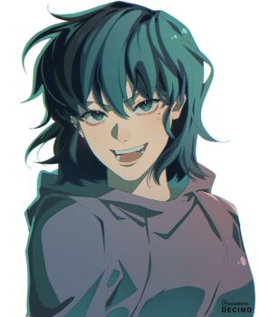 &gt;:) 1girl :d aegyo_sal black_eyes black_hair bob_cut floating_hair han_sooyoung highres hood hood_down hoodie mole mole_under_eye nadardoh omniscient_reader&#039;s_viewpoint open_mouth purple_hoodie short_hair smile solo upper_body v-shaped_eyebrows