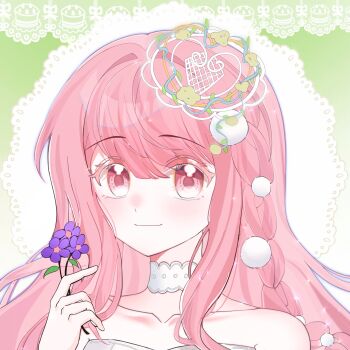 Rule 34 | 1girl, absurdres, bare shoulders, blue outline, blunt bangs, chinese commentary, choker, closed mouth, collarbone, colored eyelashes, commentary request, dot nose, dress, fanfanjiadeayuanjiang, flower, garden of time (shining nikki), gradient background, green background, hair between eyes, hair intakes, hair ornament, happy, highres, holding, holding flower, lace, lace background, lace choker, light blush, light particles, looking at viewer, loose hair strand, nikki (nikki), nikki (series), outline, pink eyes, pom pom (clothes), pom pom hair ornament, purple flower, shining nikki, smile, solo, strapless, strapless dress, two-tone background, upper body, white background, white choker, white dress