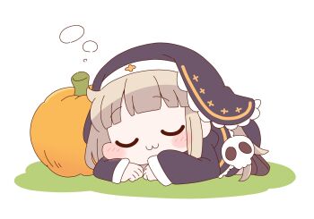 1girl :3 black_dress black_veil blunt_bangs blush brown_hair chibi chibi_only closed_eyes closed_mouth commentary_request dress full_body highres long_hair long_sleeves nun pumpkin sidelocks simple_background sleeping solo speaki_(trickcal) squeans trickcal u_u veil white_background zungurimukkuri_tarou
