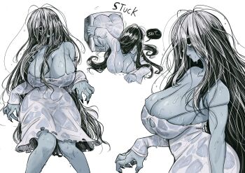 absurdres ass black_hair breasts cleavage colored_skin crawling fingernails ghost ghost_girl grey_skin hair_over_eyes hair_over_face hair_over_one_eye highres hollow_eyes insouwu large_breasts long_hair sharp_fingernails sidelocks television the_ring through_medium through_screen torn_clothes yamamura_sadako