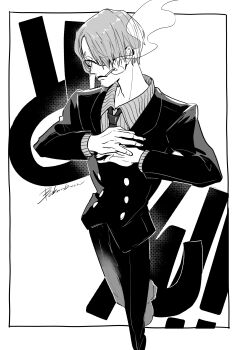 Rule 34 | 1boy, absurdres, baaaaaaaboon, cigarette, curly eyebrows, facial hair, formal clothes, goatee, greyscale, hair over one eye, highres, male focus, monochrome, mustache stubble, one piece, sanji (one piece), smoking, solo, stubble, suit