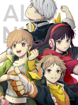 Rule 34 | 2boys, 2girls, amagi yukiko, bandana, bandana around arm, bandana around neck, black hair, black jacket, black sailor collar, black skirt, brown eyes, brown hair, closed mouth, commentary, english commentary, finger gun, fingerless gloves, gloves, green jacket, grey eyes, grey hair, hanamura yousuke, headphones, headphones around neck, highres, jacket, long hair, looking at viewer, midriff peek, mochizuruu, multiple boys, multiple girls, narukami yu, navel, official alternate costume, open clothes, open jacket, open mouth, orange shirt, parted lips, persona, persona 4, persona 4: dancing all night, persona dancing, pointing, red shirt, sailor collar, satonaka chie, school uniform, shirt, short hair, skirt, upper body, wristband, yasogami school uniform, yellow bandana