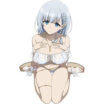 1girl beta_(kagejitsu) bikini blue_bikini blue_eyes braid breasts cleavage closed_mouth dolphin_wave elf full_body game_asset grey_hair hands_on_own_chest highres jewelry kage_no_jitsuryokusha_ni_naritakute! kneeling large_breasts looking_at_viewer medium_hair mole mole_under_eye navel necklace non-web_source official_art pointy_ears sandals self-datamine side_braids single_braided_sidelock skindentation smile solo swimsuit transparent_background