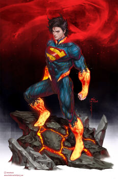 1boy absolute_dc absolute_superman black_hair blue_bodysuit blue_eyes bodysuit cape clenched_hand closed_mouth colored_extremities commentary covered_abs covered_pectorals dc_comics english_commentary floating_cape full_body highres in-hyuk_lee lava looking_at_viewer male_focus pectorals red_cape rock solo standing superhero_costume superman superman_(series) superman_logo toned toned_male