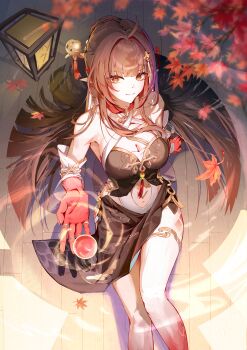 1girl absurdres ahoge blunt_bangs breasts brown_hair chinese_clothes cleavage clothing_cutout colored_extremities commentary detached_sleeves diamond-shaped_pupils diamond_(shape) english_commentary hair_ornament hairpin highres honkai:_star_rail honkai_(series) jelmul jewelry leaf light_smile lingsha_(honkai:_star_rail) looking_at_viewer maple_leaf medium_breasts navel navel_cutout red_eyes red_hands ring scales sitting symbol-shaped_pupils tassel thigh_strap