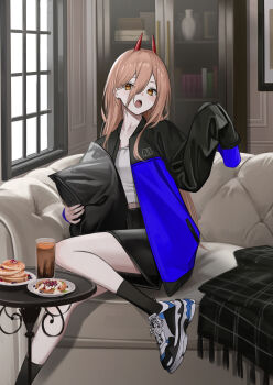 1girl absurdres blanket book chainsaw_man couch cross-shaped_pupils crosshair cup demon_horns fangs food highres holding holding_pillow horns kit long_hair long_sleeves looking_at_viewer lower_teeth_only open_mouth pancake pancake_stack pillow plate power_(chainsaw_man) shelf shirt shoes sitting skirt sneakers socks solo symbol-shaped_pupils teeth upper_teeth_only white_shirt window yellow_eyes