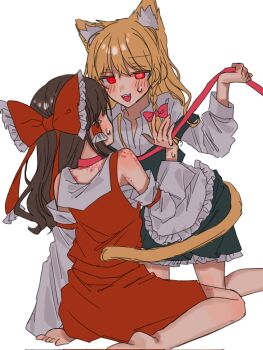2girls amatukimahoro barefoot bite_mark bite_mark_on_arm bite_mark_on_leg bite_mark_on_shoulder blonde_hair blush bow braid brown_hair cat_girl cat_tail corrupted_twitter_file detached_sleeves dress fangs hair_bow hakurei_reimu heart heart-shaped_pupils highres kemonomimi_mode kirisame_marisa kneeling long_hair multiple_girls open_mouth red_bow red_dress red_eyes shirt side_braid simple_background sweat symbol-shaped_pupils tail touhou white_background white_shirt yuri