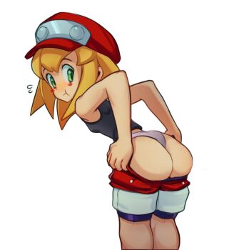 :t ass blonde_hair blush_stickers breasts clothes_pull from_behind genvoke green_eyes looking_back mega_man_(series) mega_man_legends_(series) roll_caskett_(mega_man) shorts shorts_pull simple_background small_breasts white_background