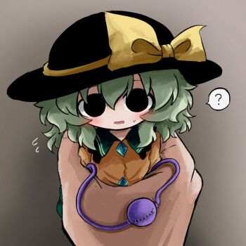 Rule 34 | 1girl, ?, black hat, blush, bow, collared shirt, commentary request, empty eyes, eyeball, flying sweatdrops, frilled shirt collar, frills, green hair, hat, hat bow, heripantomorrow, komeiji koishi, medium hair, open mouth, shirt, smile, solo, spoken question mark, sweatdrop, third eye, touhou, yellow bow, yellow shirt