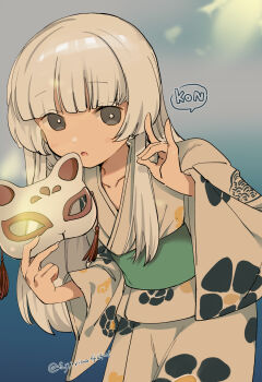 1girl blunt_bangs cowboy_shot floral_print fox_mask fox_shadow_puppet fujii_rino grey_eyes highres japanese_clothes kantai_collection kimono leaning_forward long_hair mask official_alternate_costume shirakumo_(kancolle) shirakumo_(yukata)_(kancolle) solo twitter_username white_hair white_kimono yukata