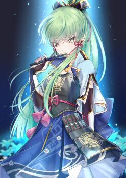 1girl absurdres arm_at_side armor ayaka_(genshin_impact) black_gloves blue_background blue_flower blue_skirt budgiepon c.c. code_geass cosplay covering_own_mouth cowboy_shot elbow_gloves eyelashes eyes_visible_through_hair fingerless_gloves flower genshin_impact gloves green_hair hair_between_eyes hair_ribbon hand_fan hand_up highres holding holding_fan japanese_armor kamisato_ayaka_(cosplay) kote kusazuri long_hair looking_at_viewer nose ponytail red_ribbon ribbon sidelocks simple_background skirt snowflake_print solo standing straight_hair very_long_hair wind wind_lift yellow_eyes