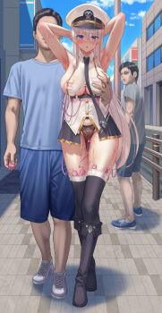 1girl 2boys armpits arms_behind_head arms_up azur_lane bdsm belt black_belt black_footwear black_hair black_neckwear black_panties black_skirt black_thighhighs blue_footwear blue_shirt blue_shorts blue_sky blush breasts building cloud collared_shirt commentary_request controller egg_vibrator enterprise_(azur_lane) exhibitionism faceless faceless_male grabbing_another's_breast grey_shirt groping hair_between_eyes hat highres kamegawara_nikuo lace lace_panties large_breasts looking_at_another military_hat miniskirt multiple_boys nipple_stimulation object_insertion onlookers open_mouth outdoors panties peaked_cap pleated_skirt public_indecency purple_eyes remote_control remote_control_vibrator sex_toy shirt shorts showgirl_skirt skirt sky sleeveless sleeveless_shirt sweat thighhighs thighs underbust underwear vaginal vaginal_object_insertion vibrator vibrator_on_nipple vibrator_under_clothes vibrator_under_panties walking white_footwear white_headwear white_shirt wireless_sex_toy_controller