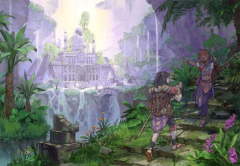 2girls arch backpack bag black_gloves black_hair black_pants blue_shirt bridge brown_hair building capri_pants cliff commentary commission cropped_shirt dated_commentary day fantasy fern flower gloves grass grey_pants long_hair medium_hair midriff multiple_girls orange_flower original outdoors overgrown pants pointing pointy_ears ponytail purple_flower ruins scenery shamogin shirt skeb_commission stairs tree water waterfall