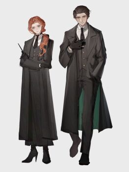 Rule 34 | 1boy, 1girl, black coat, black gloves, black necktie, black pants, black shoes, black skirt, black vest, blue eyes, brown hair, coat, collared shirt, commentary, crossed arms, english commentary, full body, gloves, gynger edventray (hiiragimare), high heels, highres, hiiragimare, hogwarts legacy, holding, holding wand, long hair, long skirt, necktie, oc x canon, open clothes, open coat, original, pants, parted hair, ponytail, red hair, sebastian sallow, shirt, shoes, short hair, simple background, skirt, standing, vest, wand, white background, white shirt, wizarding world