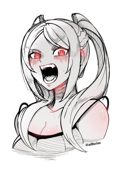 1girl absurdres ailheim bare_shoulders blush breasts cleavage female_robin_(fire_emblem) female_robin_(grima)_(fell_tactician)_(fire_emblem) female_robin_(grima)_(fire_emblem) fire_emblem fire_emblem_awakening grima_(fire_emblem) highres large_breasts nintendo open_mouth red_eyes sharp_teeth slit_pupils solo teeth twintails twitter_username upper_body