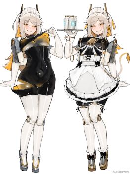 1girl alterkyon android apron artist_name bell black_bodysuit blonde_hair bodysuit bottle breasts cameltoe commentary cowbell ear_tag elbow_gloves english_commentary extra_arms full_body gloves grey_hair highres holding holding_tray joints light_blush long_hair maid maid_apron maid_headdress medium_breasts milk_bottle multicolored_hair original orion_(alterkyon) robot_girl robot_joints tray white_background white_gloves white_wrist_cuffs wrist_cuffs yellow_eyes