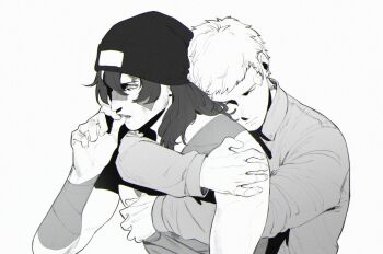 Rule 34 | 2boys, aragaki shinjirou, arm up, bandage on face, bandage over one eye, bandaged arm, bandaged chest, bandages, bare shoulders, beanie, black hat, bruise, bruise on face, closed eyes, closed mouth, collared shirt, finger to mouth, from side, grey shirt, greyscale, hair between eyes, hat, head on another's back, highres, hug, hug from behind, injury, limach-an, long hair, long sleeves, looking ahead, male focus, monochrome, multiple boys, parted lips, persona, persona 3, sanada akihiko, shirt, short hair, simple background, sleeve cuffs, teeth, upper body, white background, white hair, yaoi