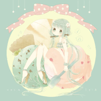 arm_tattoo bandaid bandaid_on_knee bandaid_on_leg bikini bow commentary_request copyright_name flower food green_eyes green_hair hair_bow hair_flower hair_ornament hatsune_miku highres ice_cream low_twintails musical_note ogakororomi ribbon ruffle_bikini sandals scrunchie simple_background spoon star_(symbol) swimsuit tattoo twintails vocaloid wafer wrist_scrunchie