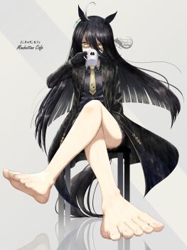 1girl absurdres ahoge animal_ears ao_hasumukai bare_legs barefoot black_hair black_jacket black_shirt black_skirt chair coffee coffee_mug crossed_legs cup hair_between_eyes hand_in_pocket highres holding holding_cup horse_ears horse_girl horse_tail jacket long_hair looking_at_viewer manhattan_cafe_(umamusume) mug necktie on_chair shaded_face shirt sitting skirt solo tail umamusume yellow_eyes yellow_necktie