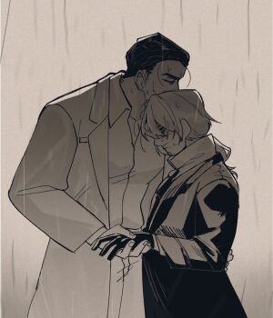 2boys absurdres bags_under_eyes black_gloves black_hair black_necktie black_suit black_vest closed_eyes closed_mouth coat collared_shirt cowboy_shot cross_scar crying dripping facial_hair facial_scar formal_clothes from_side glasses gloves gregor_(project_moon) grey_background grey_sky greyscale hair_between_eyes hair_slicked_back half-closed_eyes hand_grab hand_on_another's_back hand_on_another's_hand height_difference highres holding holding_hands hug jitome lapels limbus_company limited_palette long_coat long_hair long_sleeves looking_down loose_hair_strand low_ponytail male_focus meursault_(project_moon) monochrome multiple_boys muscular muscular_male necktie notched_lapels outdoors pants parted_bangs pectorals photoshop_(medium) ponytail profile project_moon rain sad sanpaku scar scar_on_cheek scar_on_chin scar_on_face semi-rimless_eyewear sepia shirt short_hair simple_background sky standing stubble suit tears trench_coat under-rim_eyewear upper_body vest wet wet_clothes wet_hair yaoi