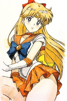 1girl absurdres aino_minako bishoujo_senshi_sailor_moon blonde_hair blue_bow blue_eyes bow choker circlet elbow_gloves gloves graphite_(medium) highres i4teruz long_hair magical_girl orange_choker orange_sailor_collar orange_skirt pleated_skirt red_bow sailor_collar sailor_senshi_uniform sailor_venus simple_background skirt solo thick_thighs thighs traditional_media white_background white_gloves yellow_bow