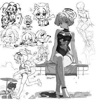 Rule 34 | 6+girls, absurdres, aris (blue archive), arona (blue archive), bikini, blue archive, crossed legs, ein (blue archive), feet in water, greyscale, halo, hepari, highres, innertube, kanna (blue archive), kanna (swimsuit) (blue archive), kazusa (blue archive), locker, lying, momoi (blue archive), monochrome, multiple girls, neru (blue archive), on side, one-piece swimsuit, pool, reisa (blue archive), running, shiroko (blue archive), sitting, swim ring, swimsuit, toki (blue archive), tripping