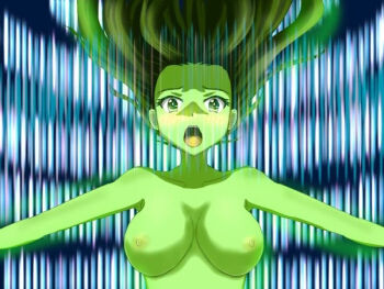 breasts cleavage completely_nude cowboy_shot digimon digimon_adventure_tri. digimon_frontier floating_hair glowing_skin green_eyes henshin long_hair nude rosemon spirit_evolution tachikawa_mimi transformation withlike